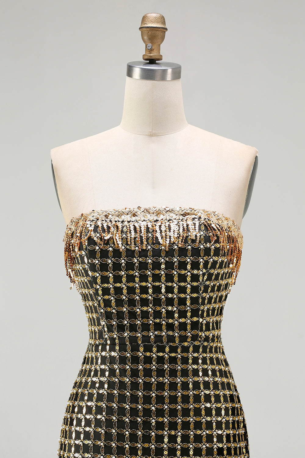 Sparkly Black and Golden Strapless Beaded Long Prom Dress with Slit