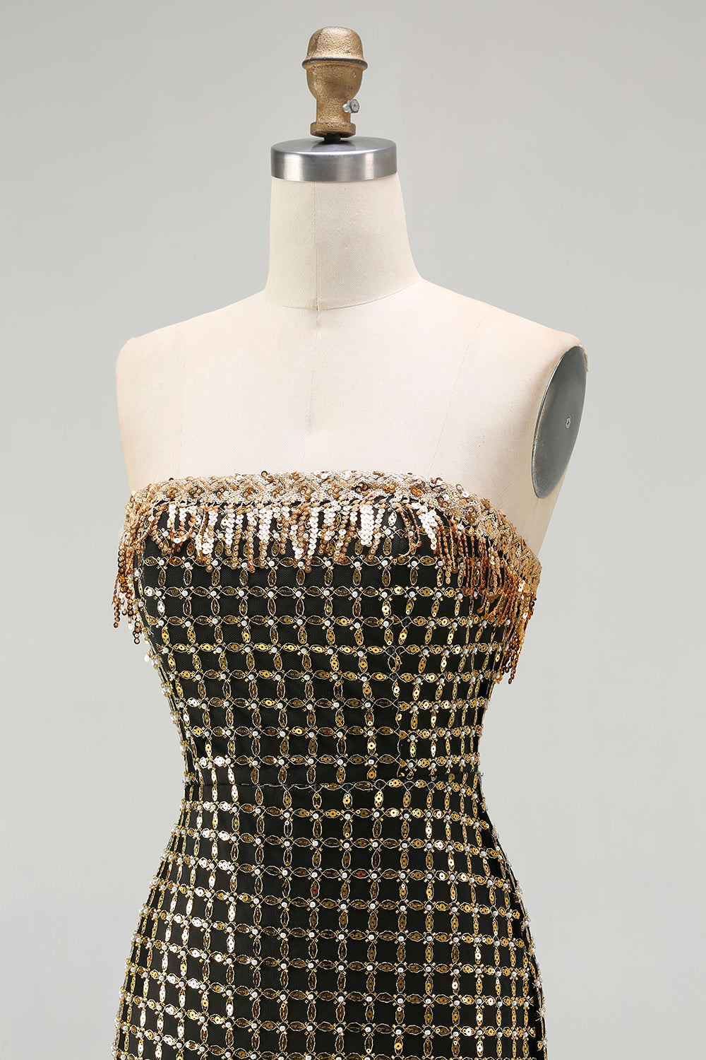 Sparkly Black and Golden Strapless Beaded Long Prom Dress with Slit