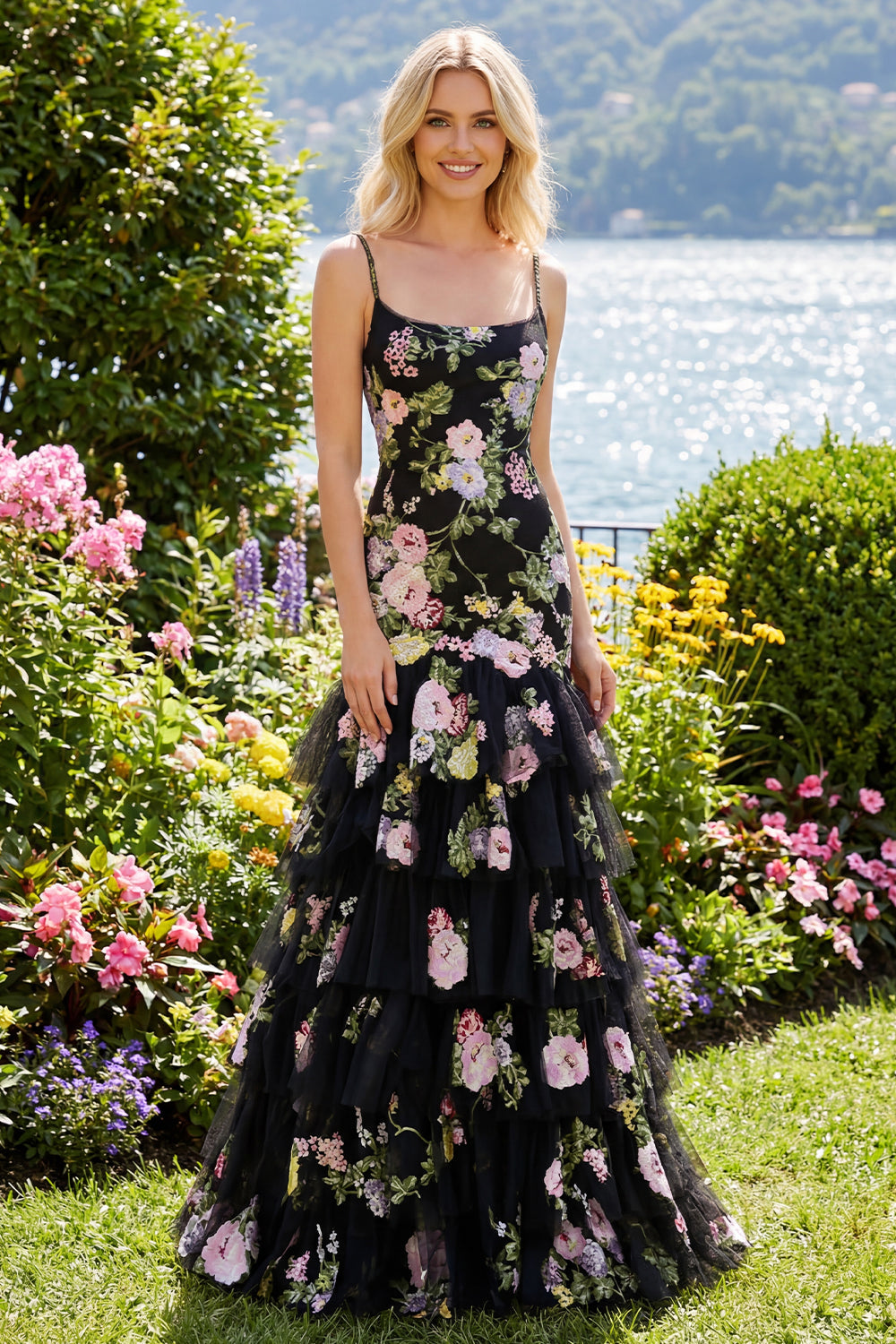 Floral Black and Pink Mermaid Ruffled Long Prom Dress
