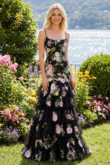 Floral Black and Pink Mermaid Ruffled Long Prom Dress