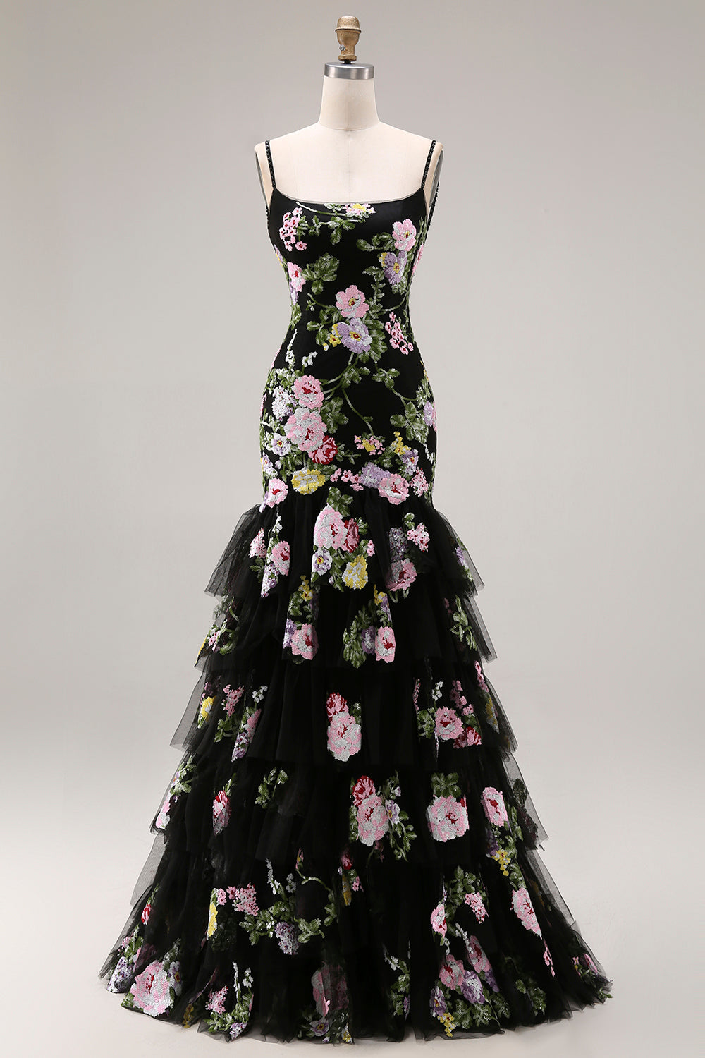 Plus Size Black and Pink Floral Mermaid Long Prom Dress with Ruffles
