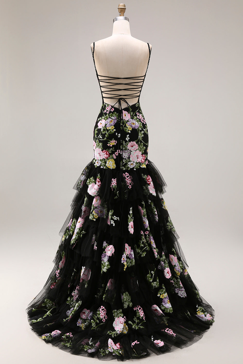 Floral Black and Pink Mermaid Ruffled Long Prom Dress