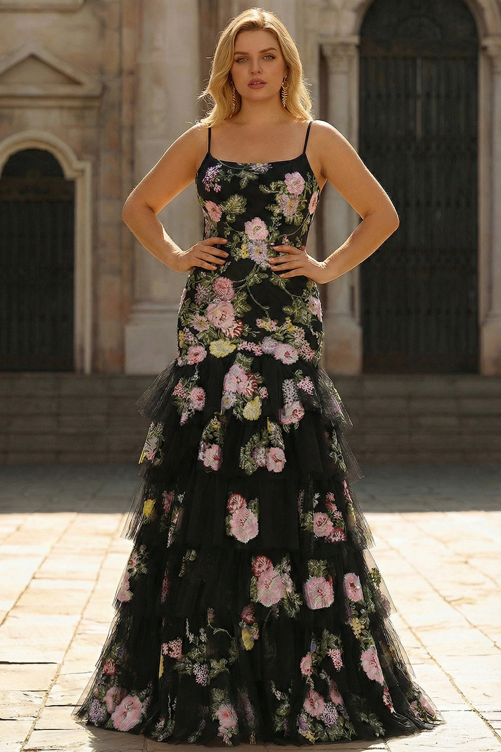 Floral Black and Pink Mermaid Ruffled Long Prom Dress
