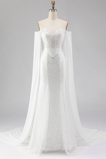Sparkly White Mermaid Beaded Off the Shoulder Long Corset Prom Dress