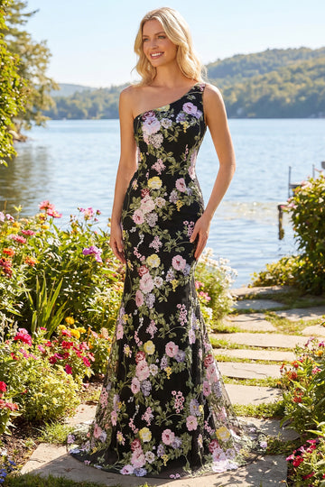 Sparkly Floral Black and Pink Sequin One Shoulder Mermaid Long Prom Dress