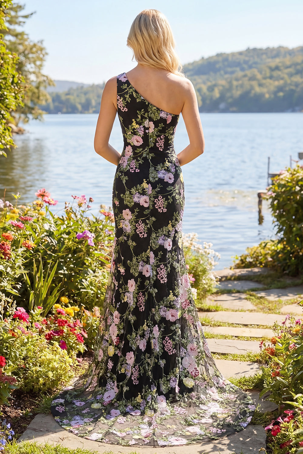 Sparkly Floral Black and Pink Sequin One Shoulder Mermaid Long Prom Dress