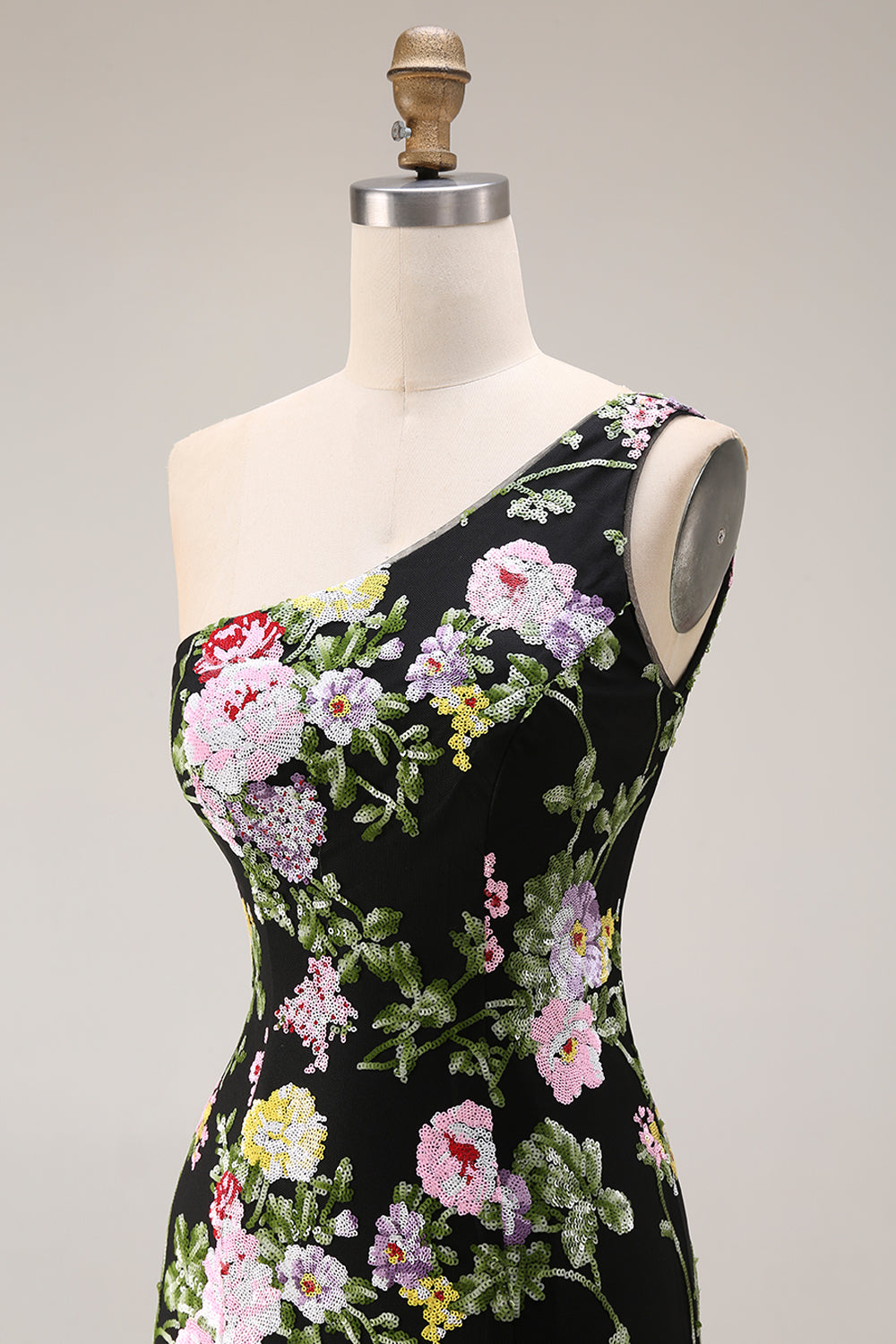 Sparkly Floral Black and Pink Sequin One Shoulder Mermaid Long Prom Dress