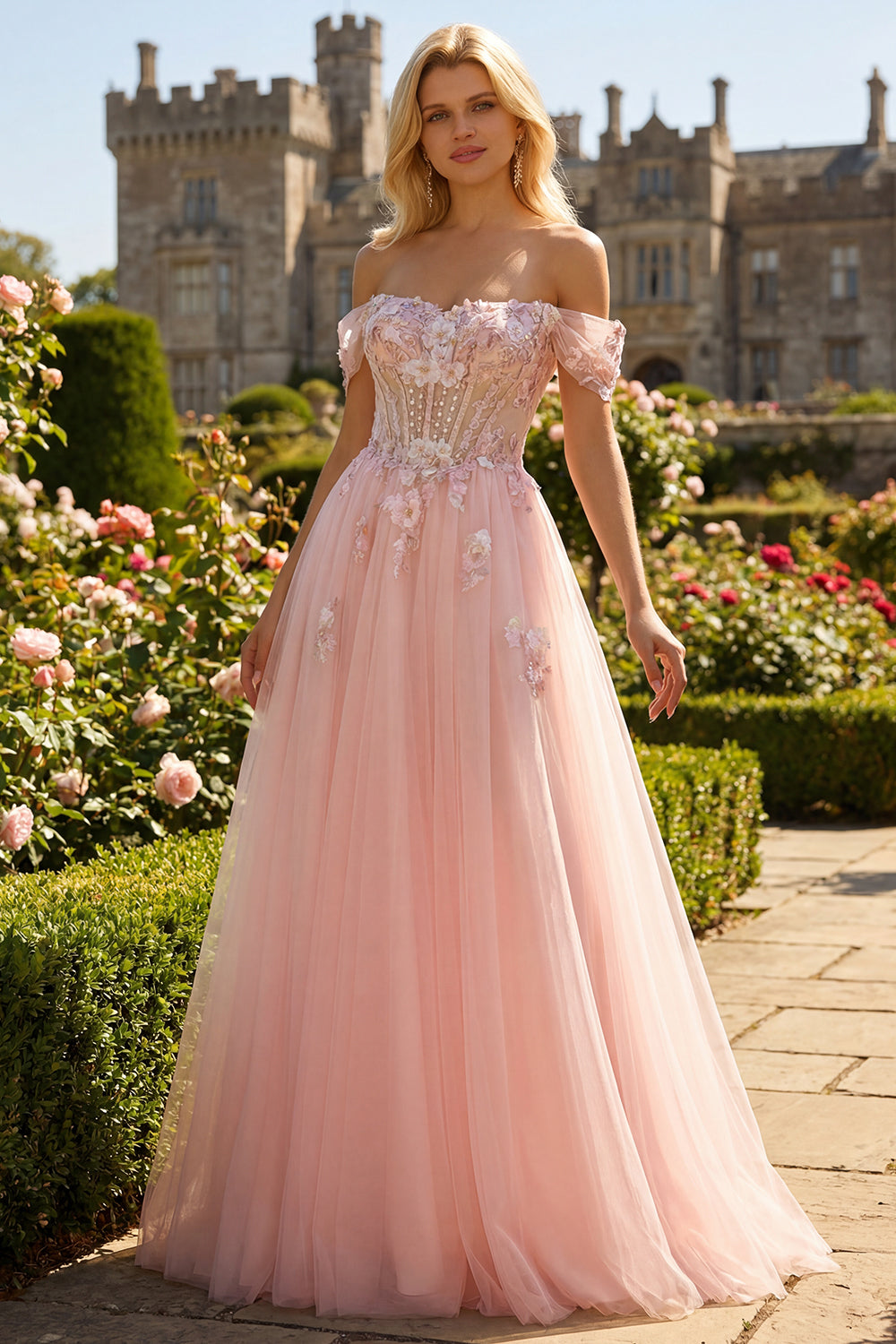 Sparkly Floral Pink A Line Tulle Long Corset Prom Dress with Beading