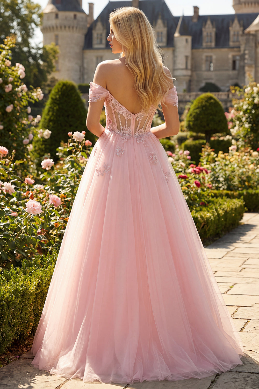 Sparkly Floral Pink A Line Tulle Long Corset Prom Dress with Beading