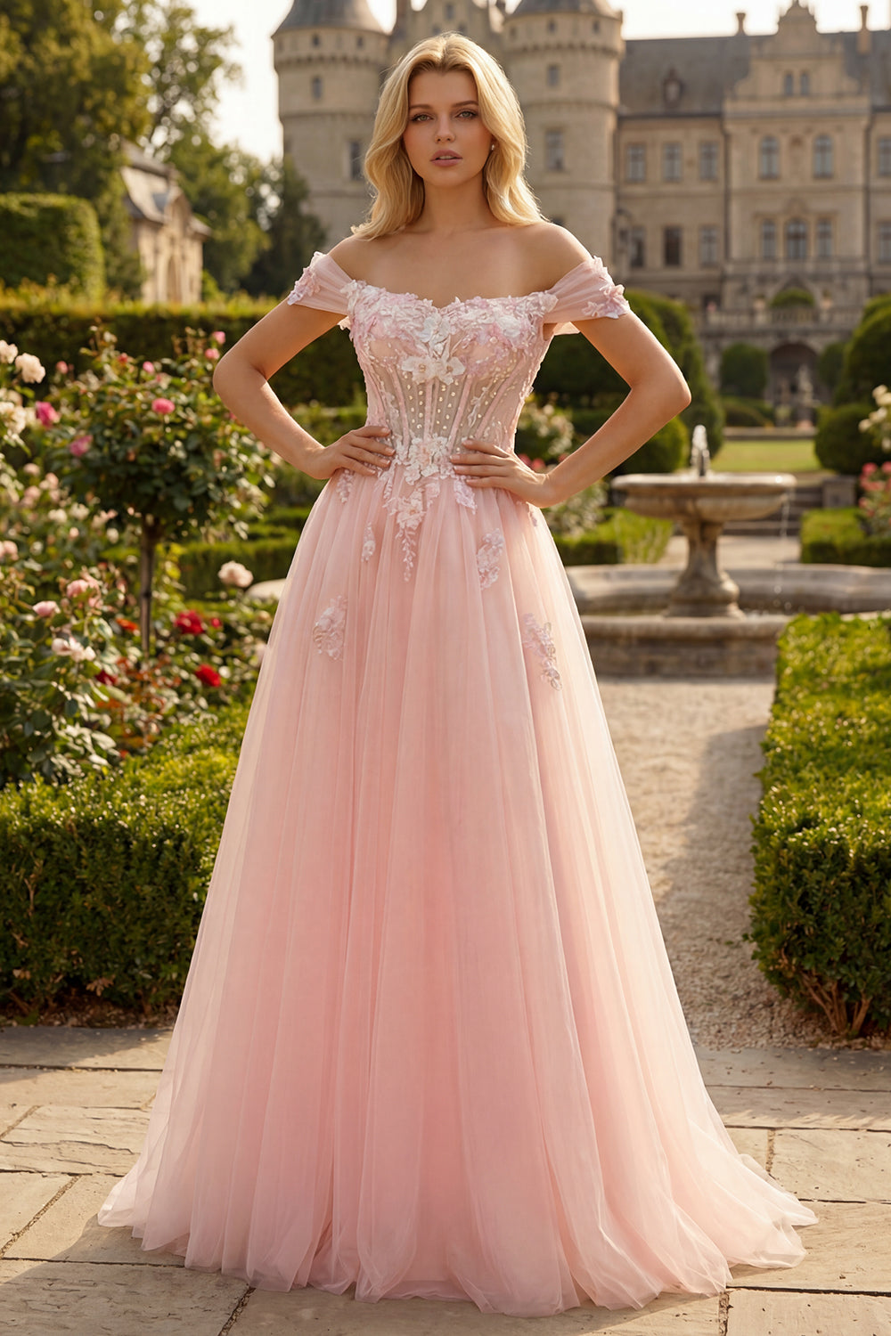 Sparkly Floral Pink A Line Tulle Long Corset Prom Dress with Beading