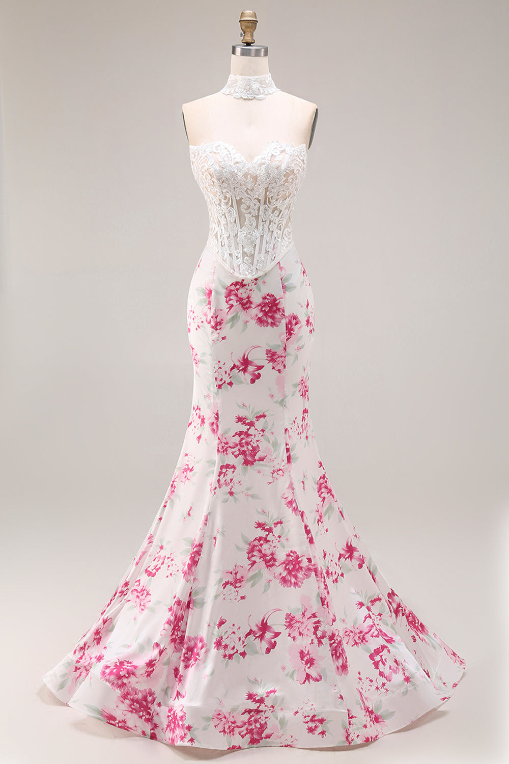 White and Fuchsia Floral Sweetheart Mermaid Long Corset Prom Dress with Lace