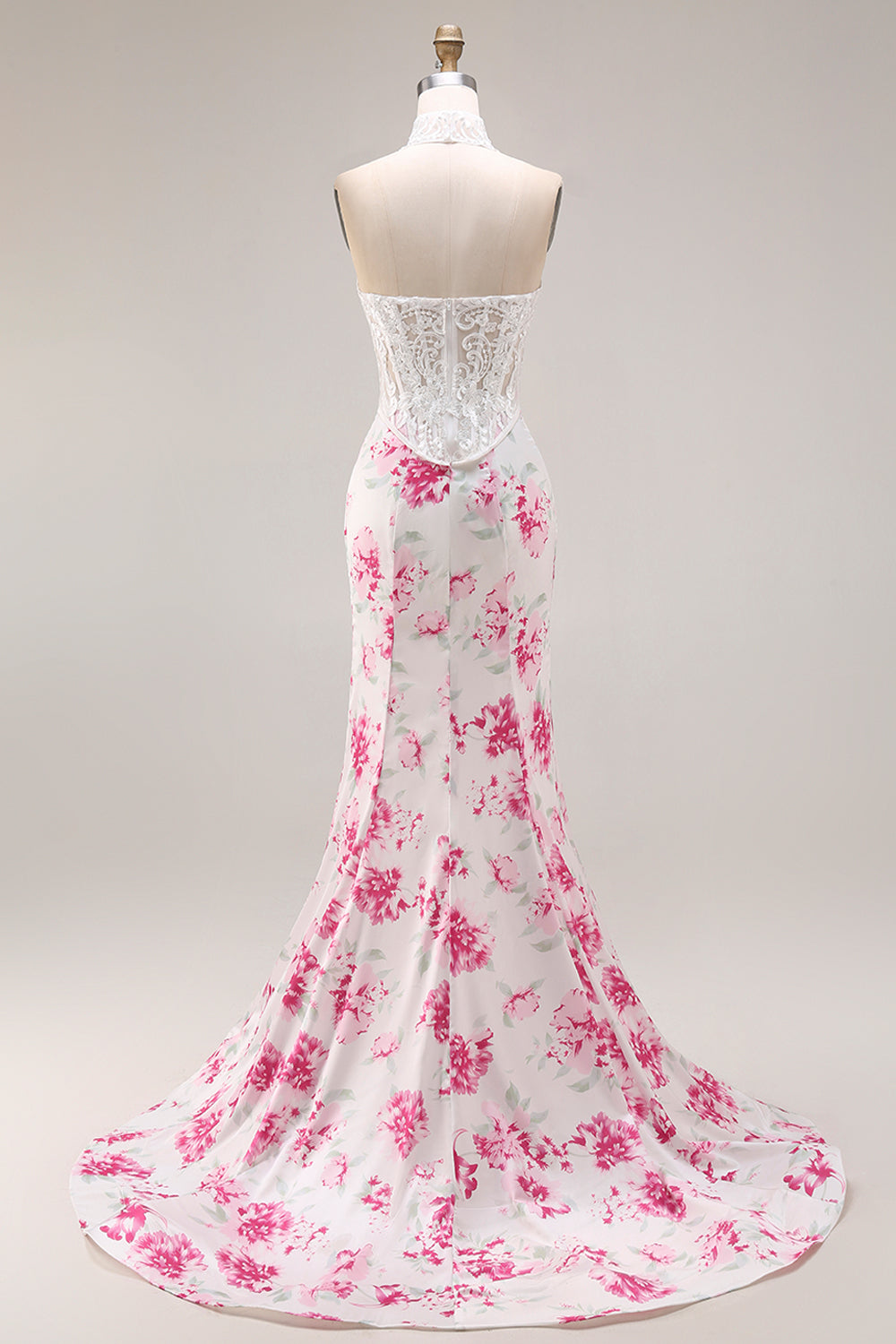 White and Fuchsia Floral Sweetheart Mermaid Long Corset Prom Dress with Lace