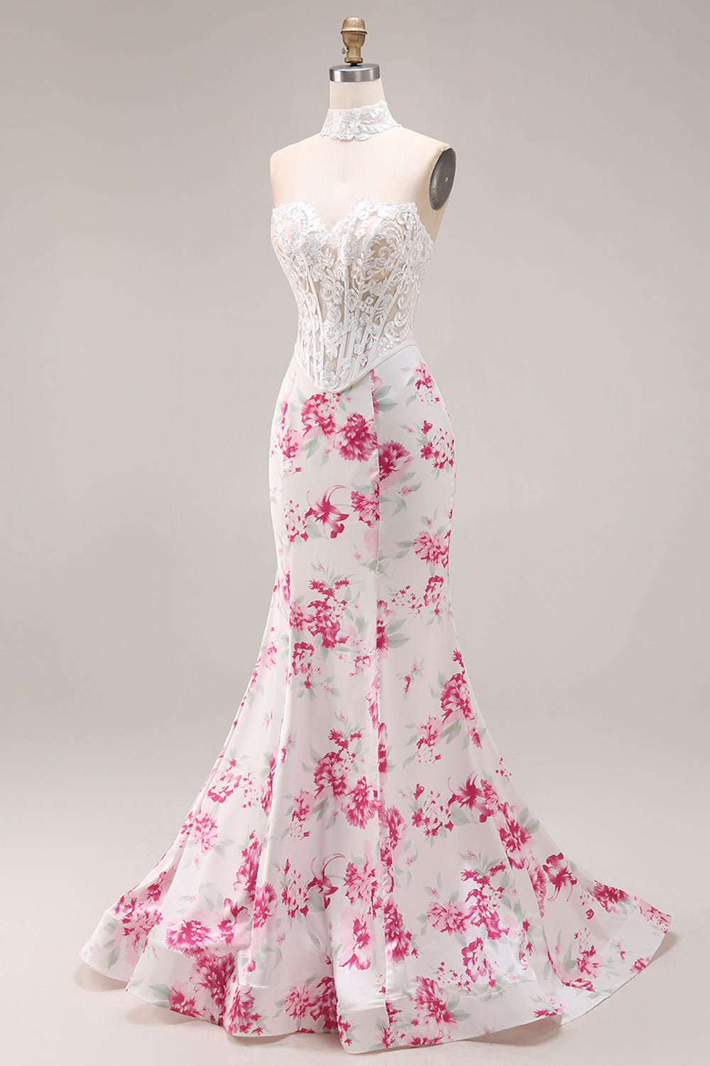 White and Fuchsia Floral Sweetheart Mermaid Long Corset Prom Dress with Lace