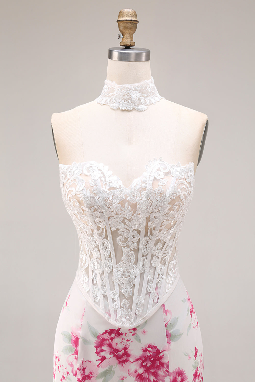 White and Fuchsia Floral Sweetheart Mermaid Long Corset Prom Dress with Lace