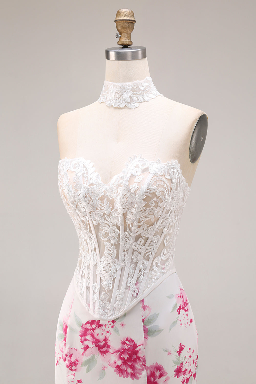 White and Fuchsia Floral Sweetheart Mermaid Long Corset Prom Dress with Lace