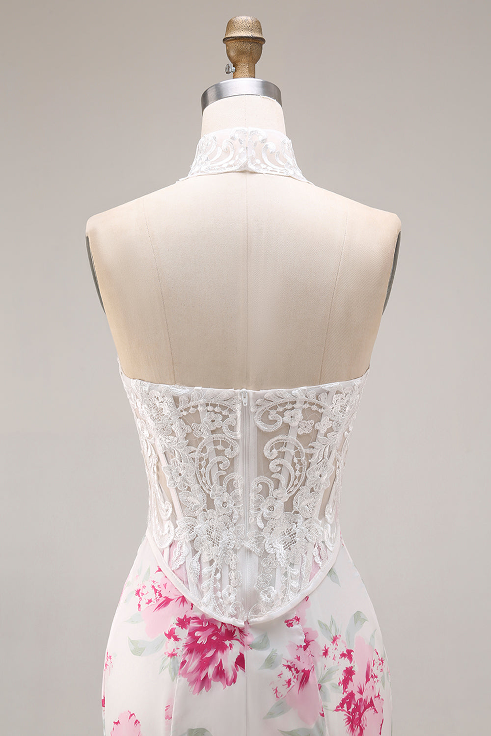 White and Fuchsia Floral Sweetheart Mermaid Long Corset Prom Dress with Lace