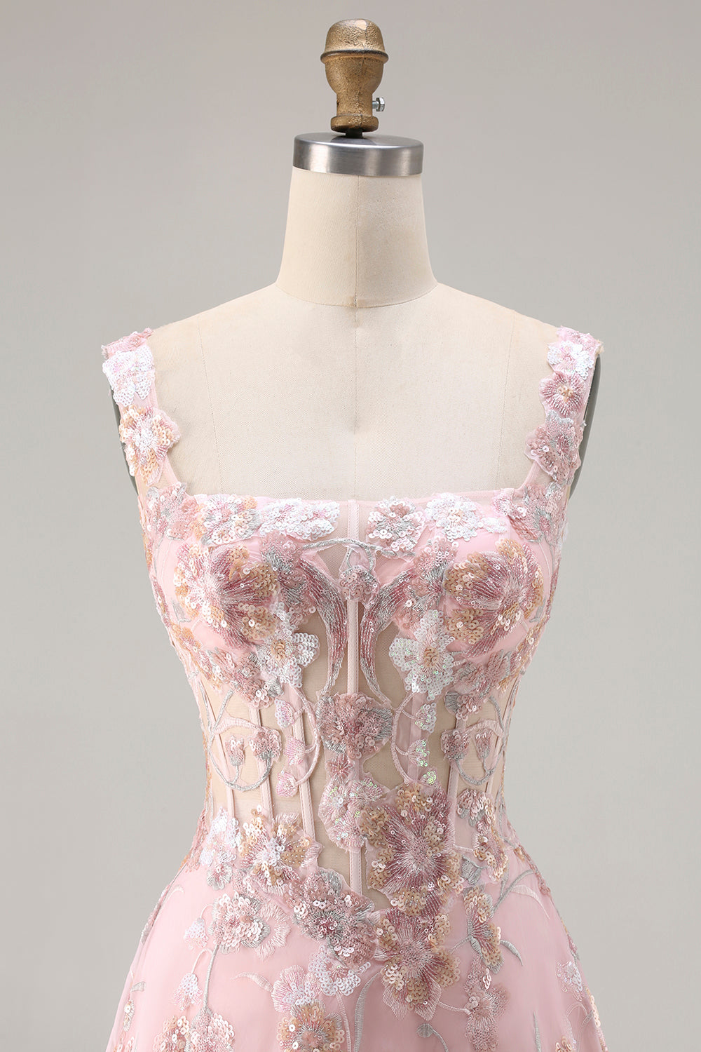 Sparkly Floral Pink A Line Long Corset Prom Dress with Sequin