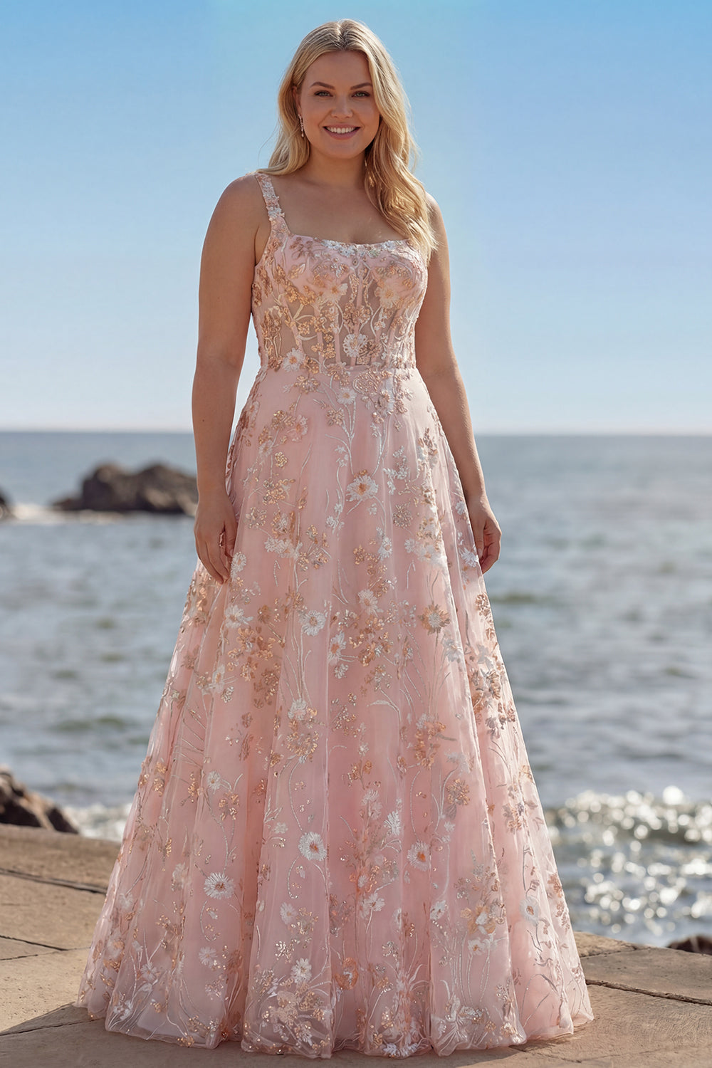 Sparkly Floral Pink A Line Long Corset Prom Dress with Sequin