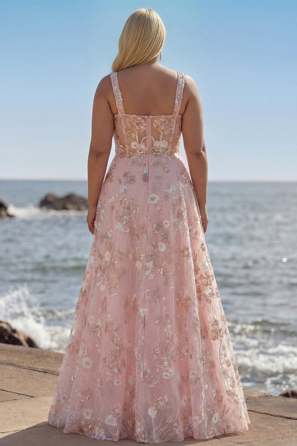 Sparkly Floral Pink A Line Long Corset Prom Dress with Sequin