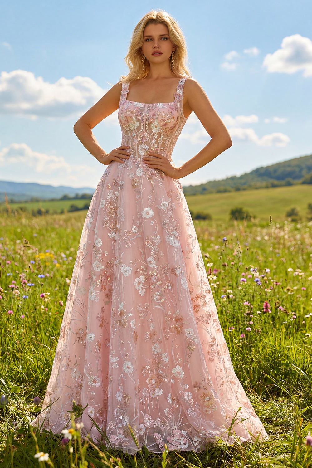 Sparkly Floral Pink A Line Long Corset Prom Dress with Sequin