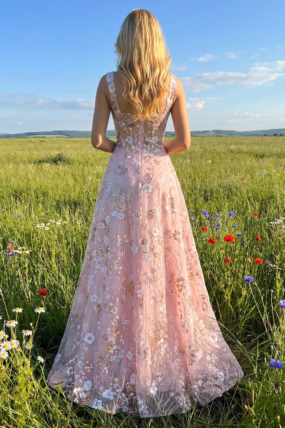 Sparkly Floral Pink A Line Long Corset Prom Dress with Sequin