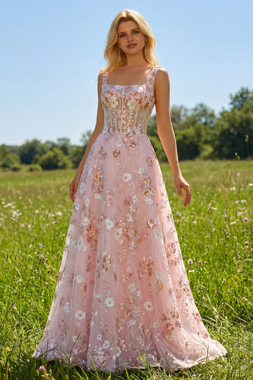 Sparkly Floral Pink A Line Long Corset Prom Dress with Sequin