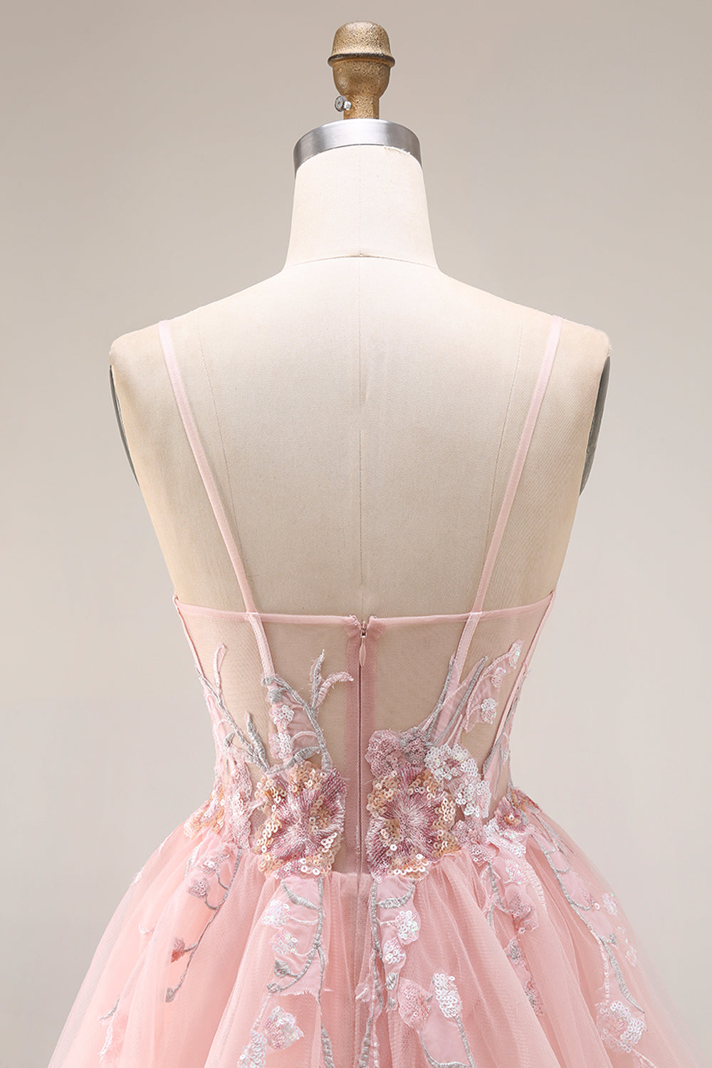 Sparkly Blush Floral Spaghetti Straps Appliqued Long Corset Prom Dress