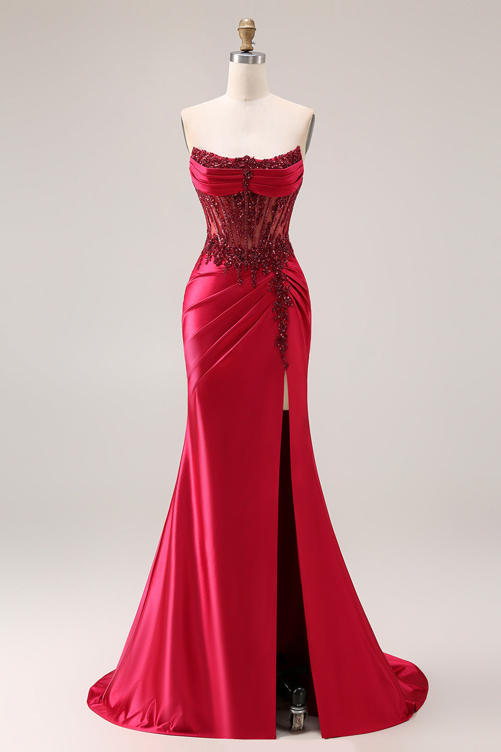 Sparkly Burgundy Mermaid Beaded Ruched Long Corset Prom Dress with Slit