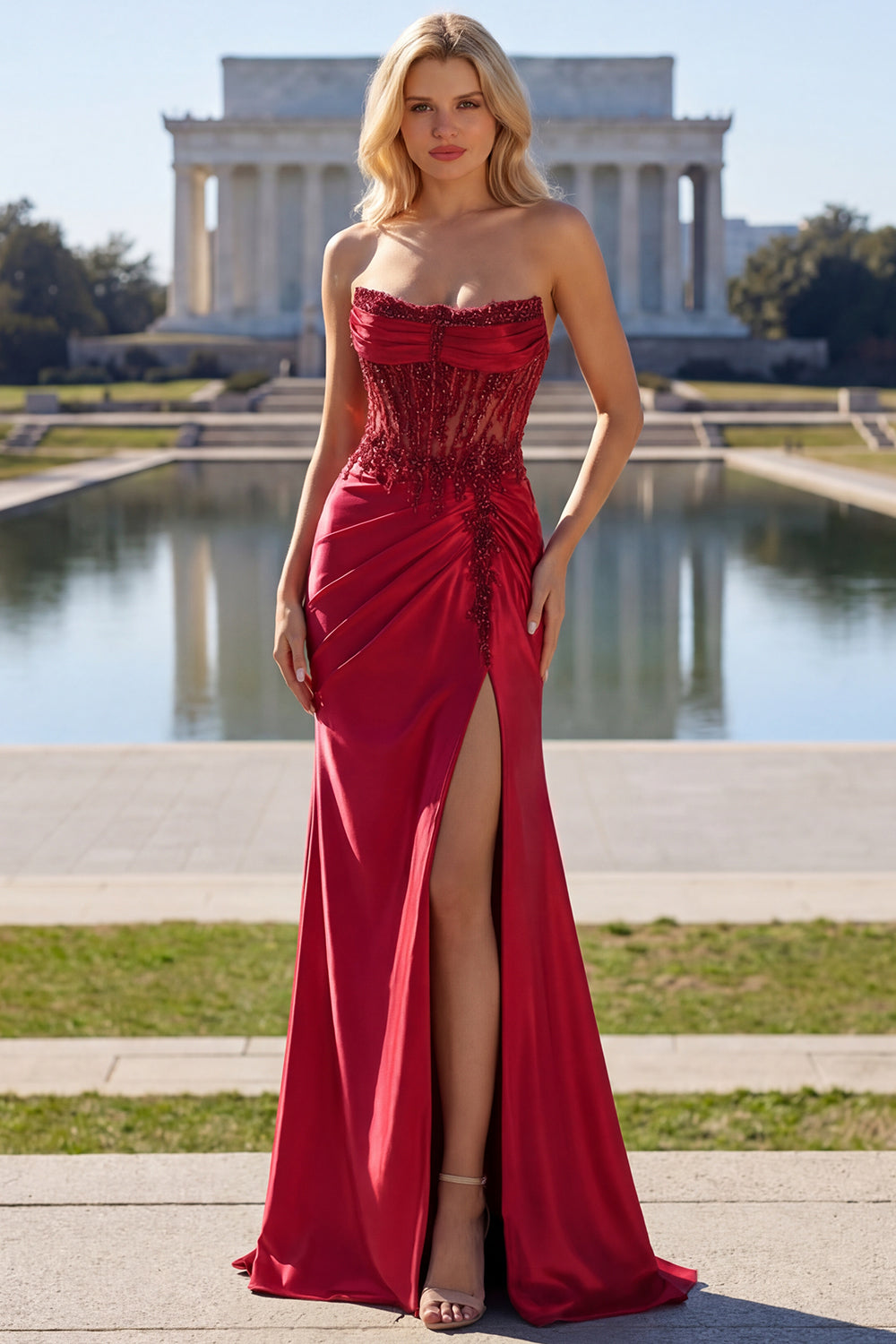 Sparkly Burgundy Mermaid Beaded Ruched Long Corset Prom Dress with Slit