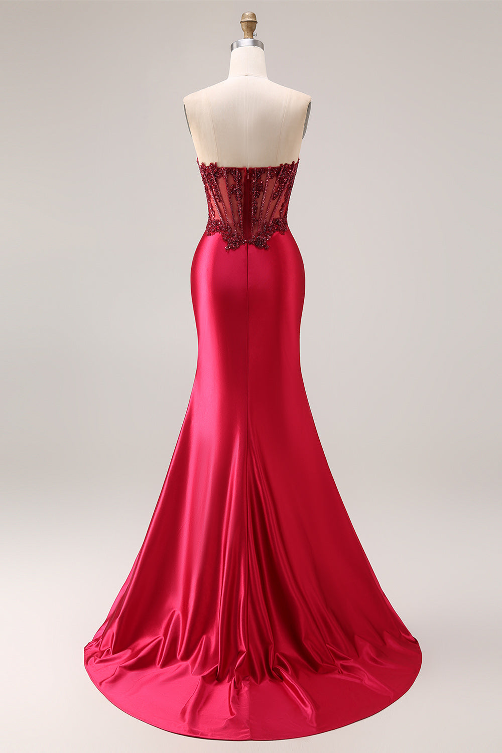 Sparkly Burgundy Mermaid Beaded Ruched Long Corset Prom Dress with Slit