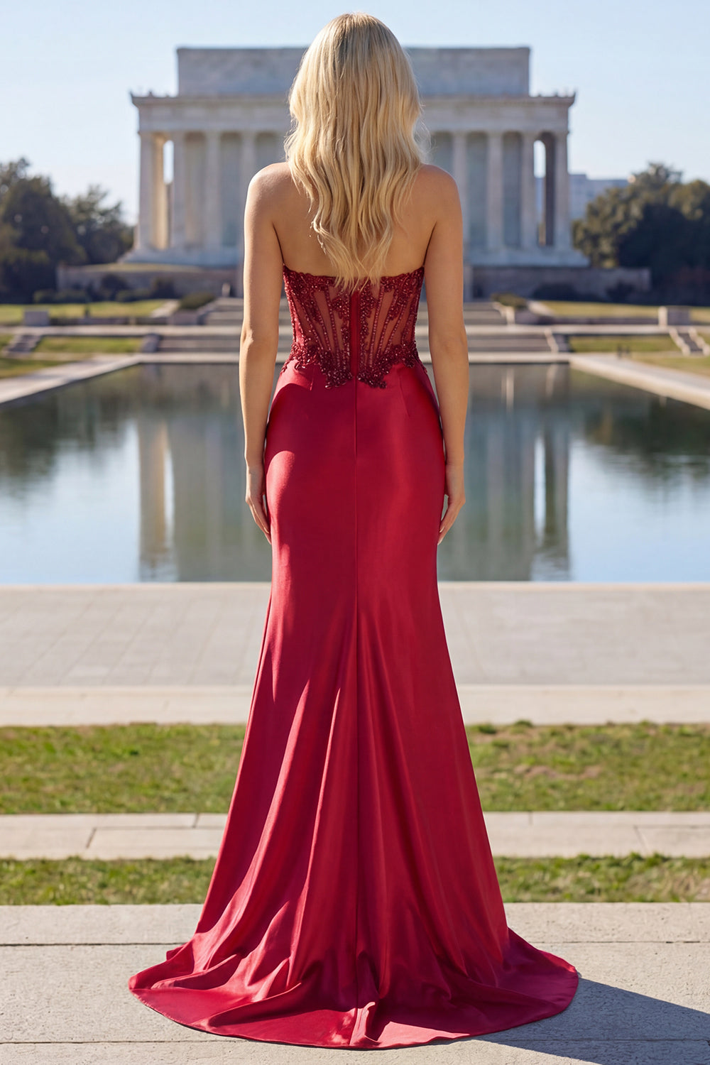 Sparkly Burgundy Mermaid Beaded Ruched Long Corset Prom Dress with Slit