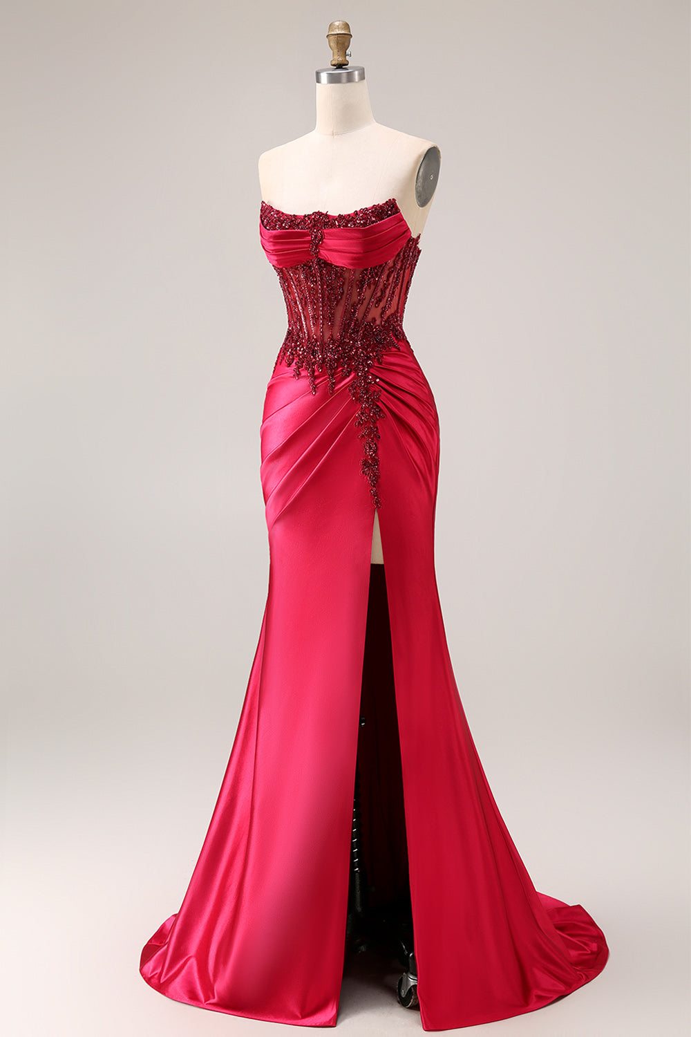 Sparkly Burgundy Mermaid Beaded Ruched Long Corset Prom Dress with Slit