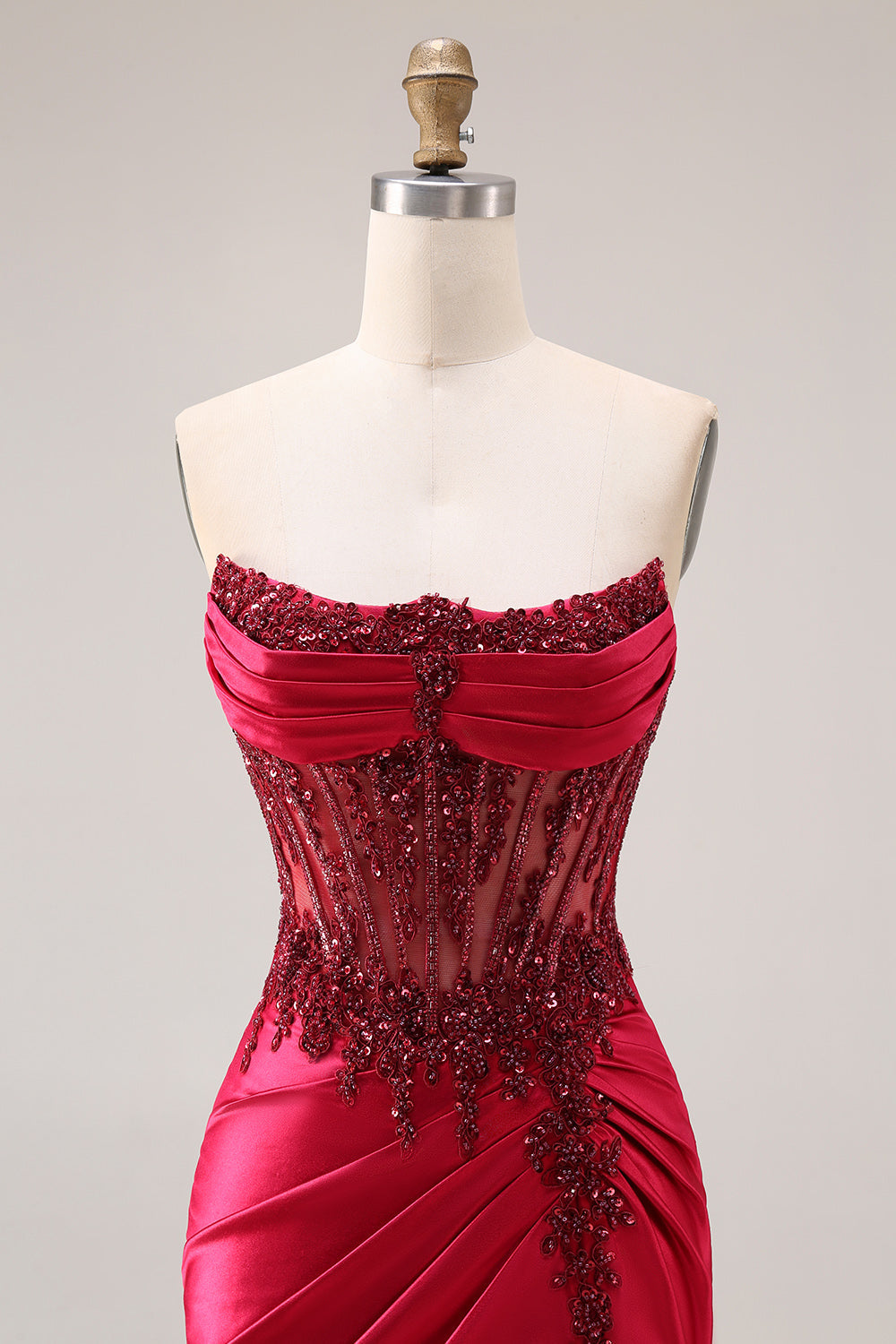 Sparkly Burgundy Mermaid Beaded Ruched Long Corset Prom Dress with Slit
