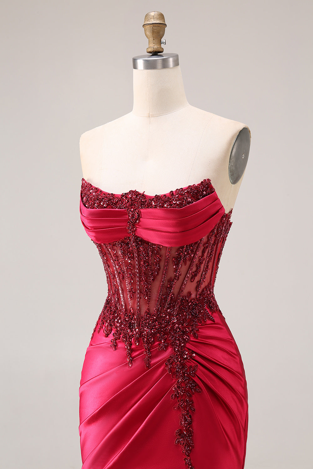 Sparkly Burgundy Mermaid Beaded Ruched Long Corset Prom Dress with Slit