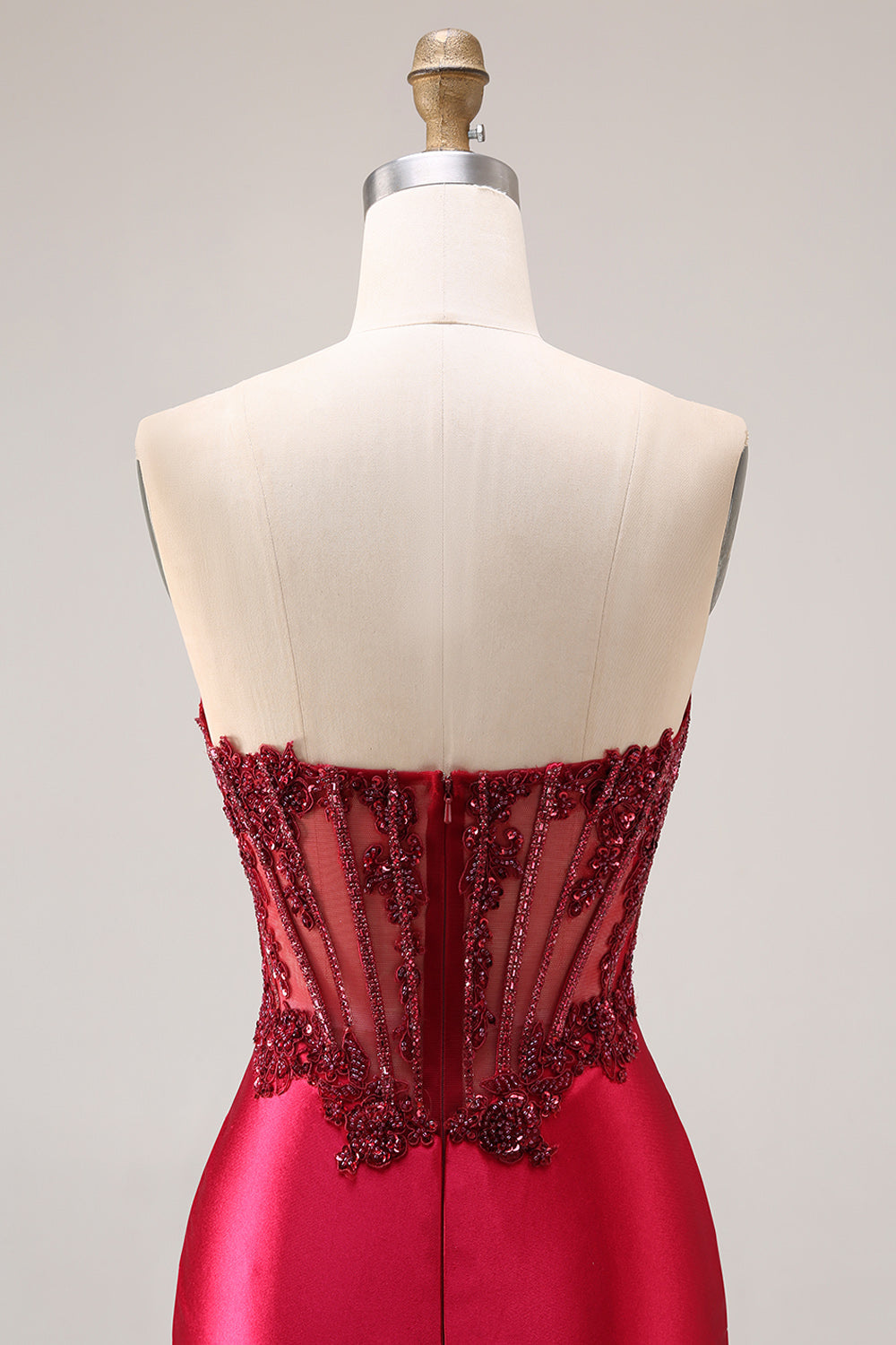 Sparkly Burgundy Mermaid Beaded Ruched Long Corset Prom Dress with Slit