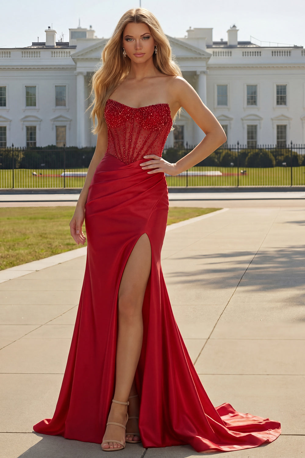 Sparkly Red Satin Mermaid Beaded Long Corset Prom Dress with Slit