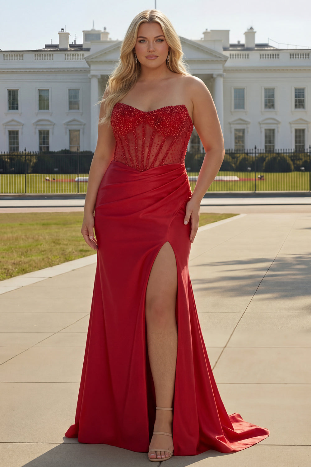 Sparkly Red Satin Mermaid Beaded Long Corset Prom Dress with Slit