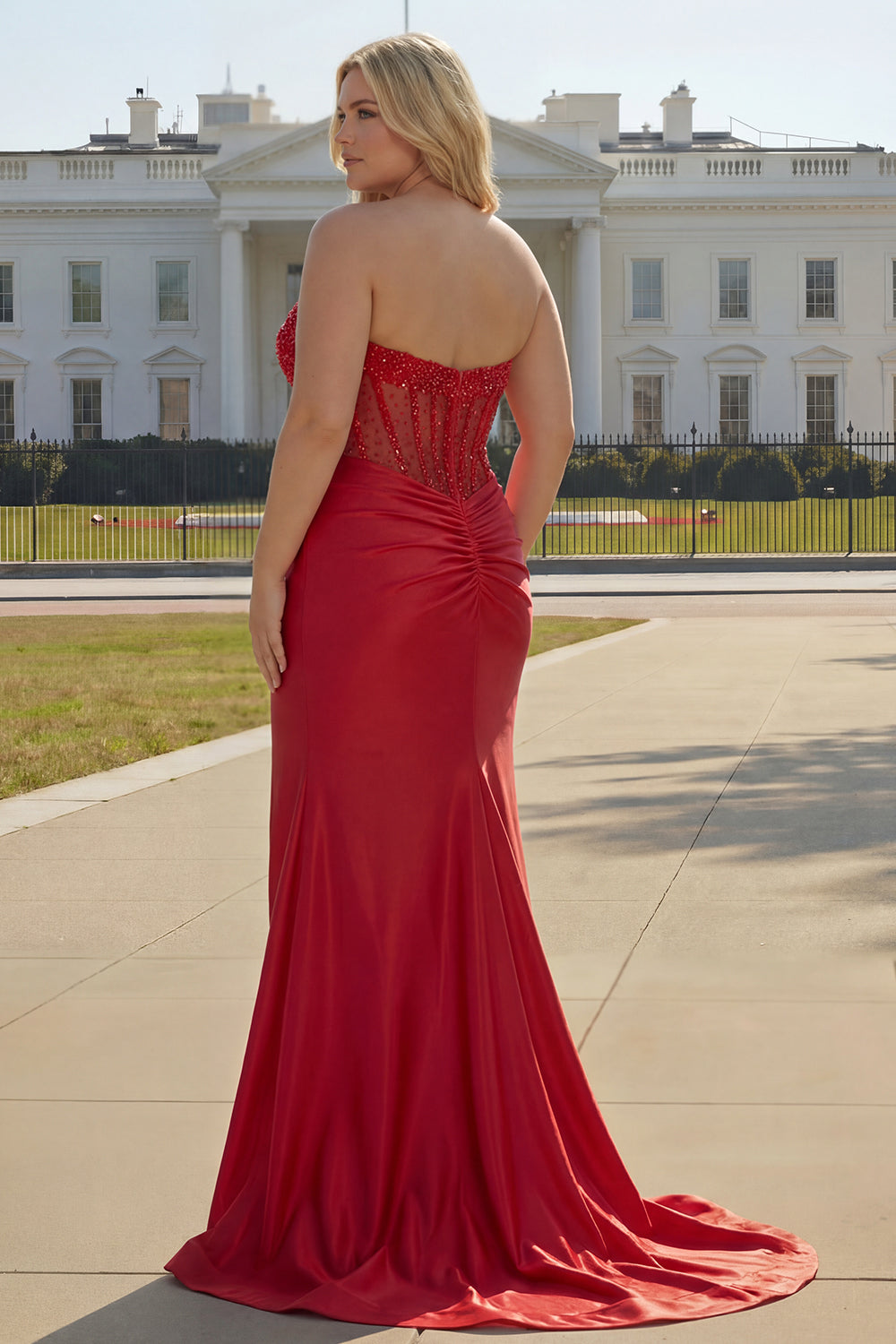 Sparkly Red Satin Mermaid Beaded Long Corset Prom Dress with Slit