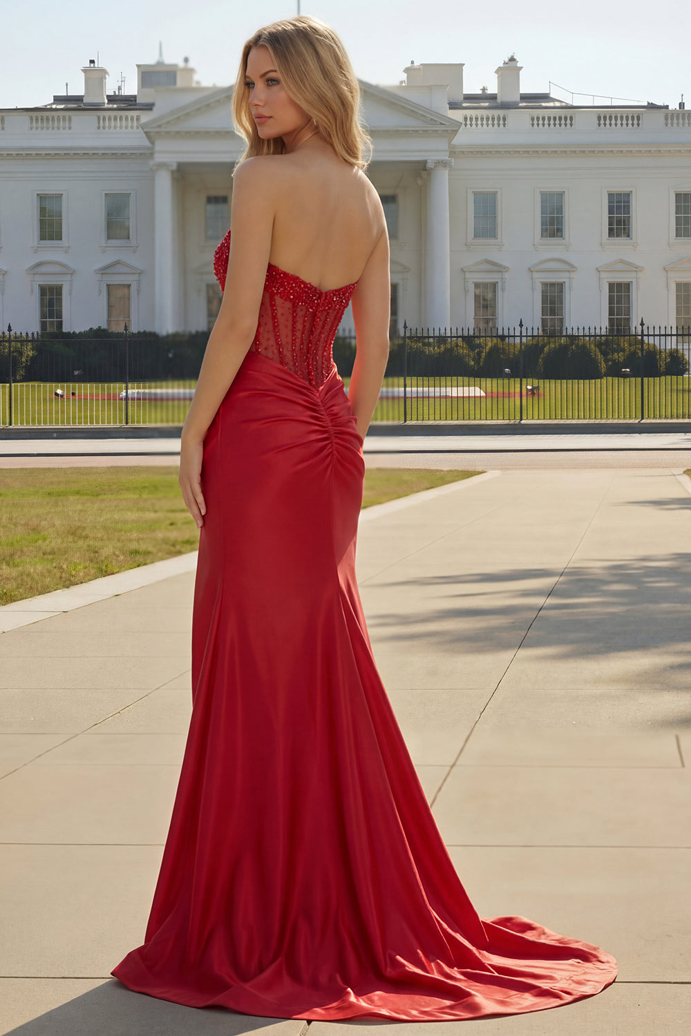 Sparkly Red Satin Mermaid Beaded Long Corset Prom Dress with Slit