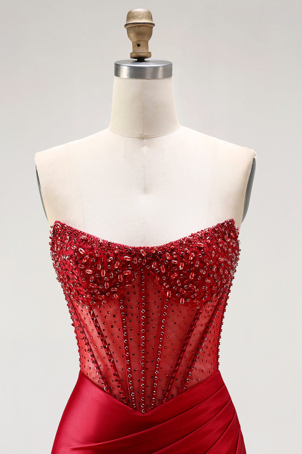 Sparkly Red Satin Mermaid Beaded Long Corset Prom Dress with Slit