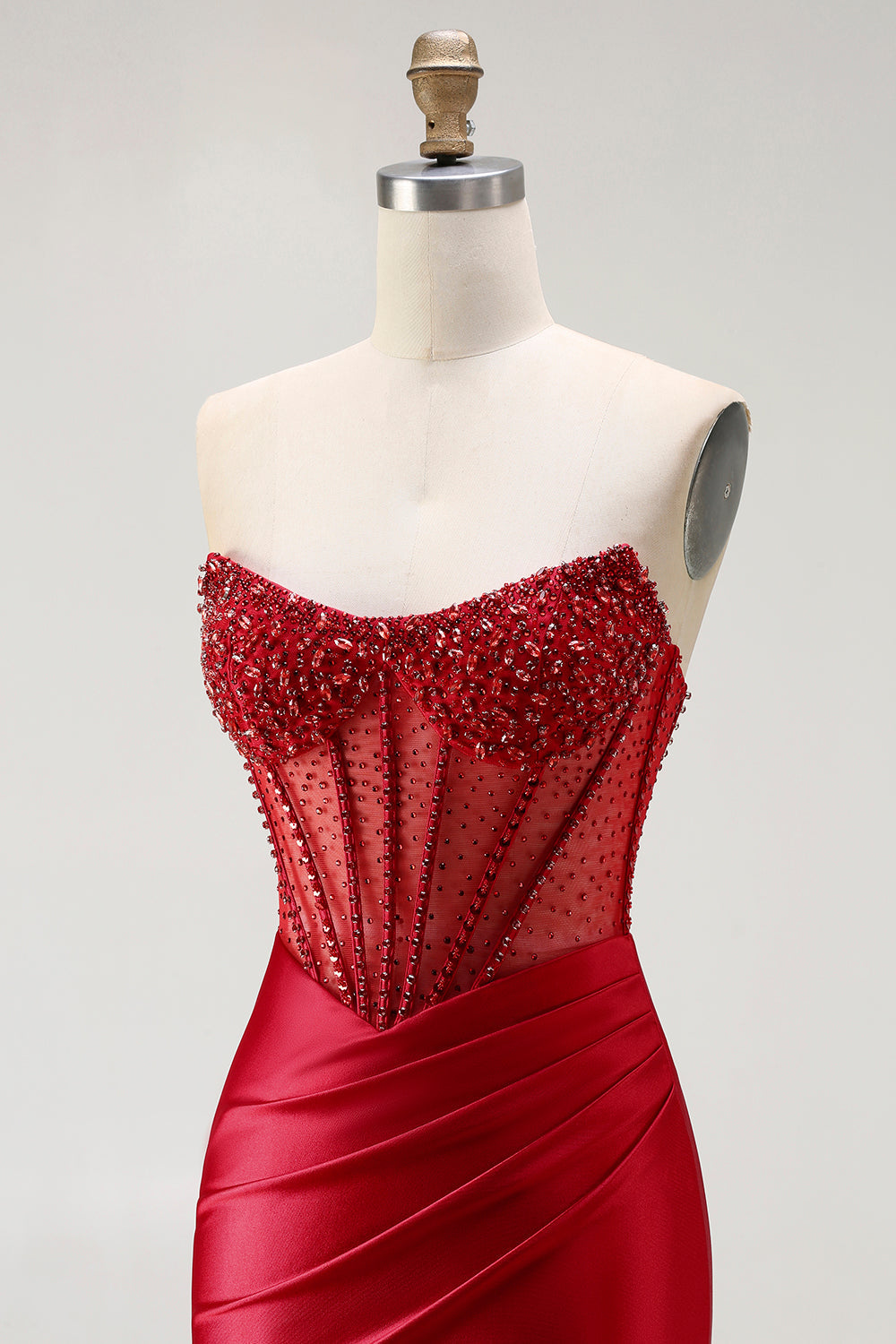 Sparkly Red Satin Mermaid Beaded Long Corset Prom Dress with Slit
