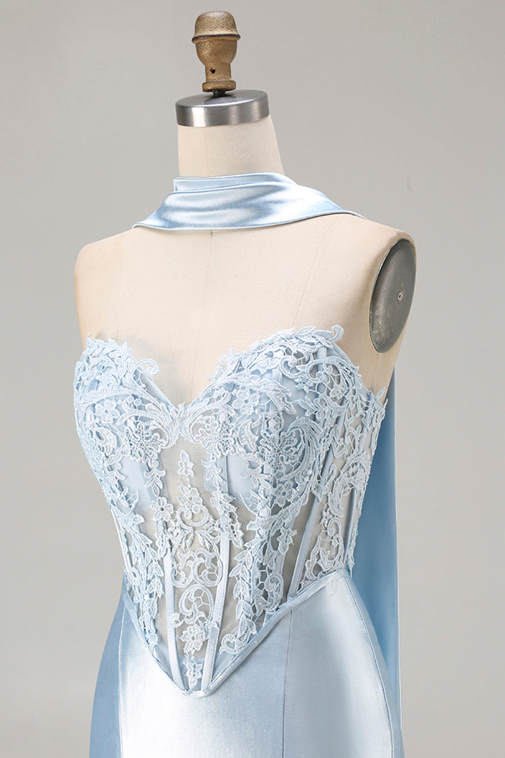Blue Satin Mermaid Sweetheart Long Corset Prom Dress
