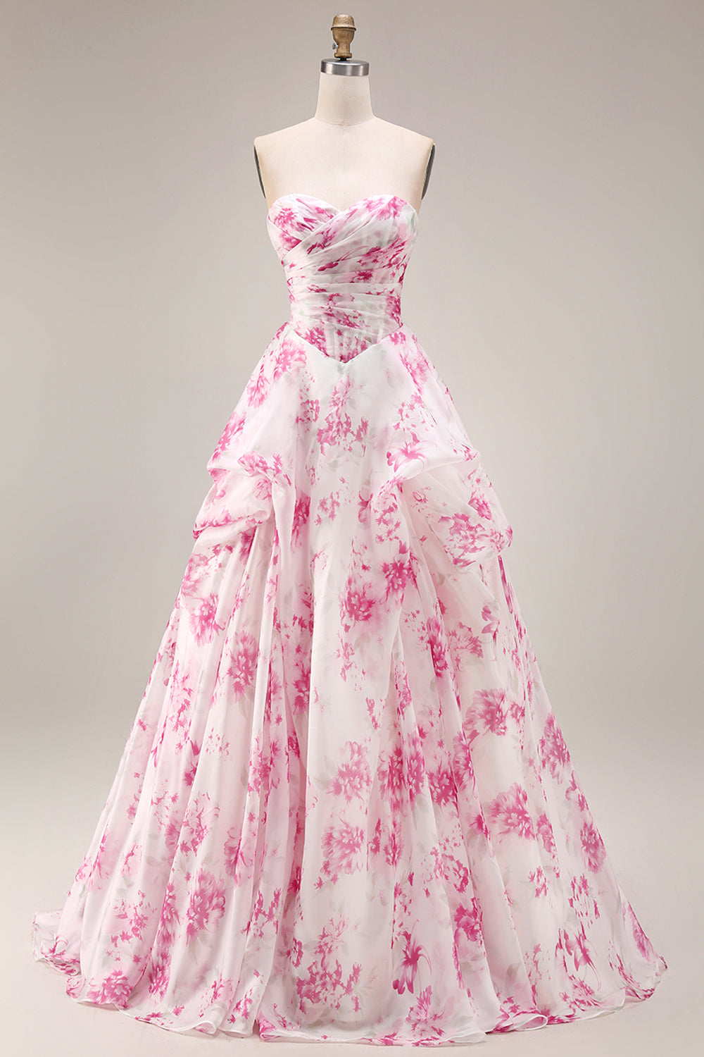 White and Fuchsia Floral Sweetheart A Line Long Corset Prom Dress