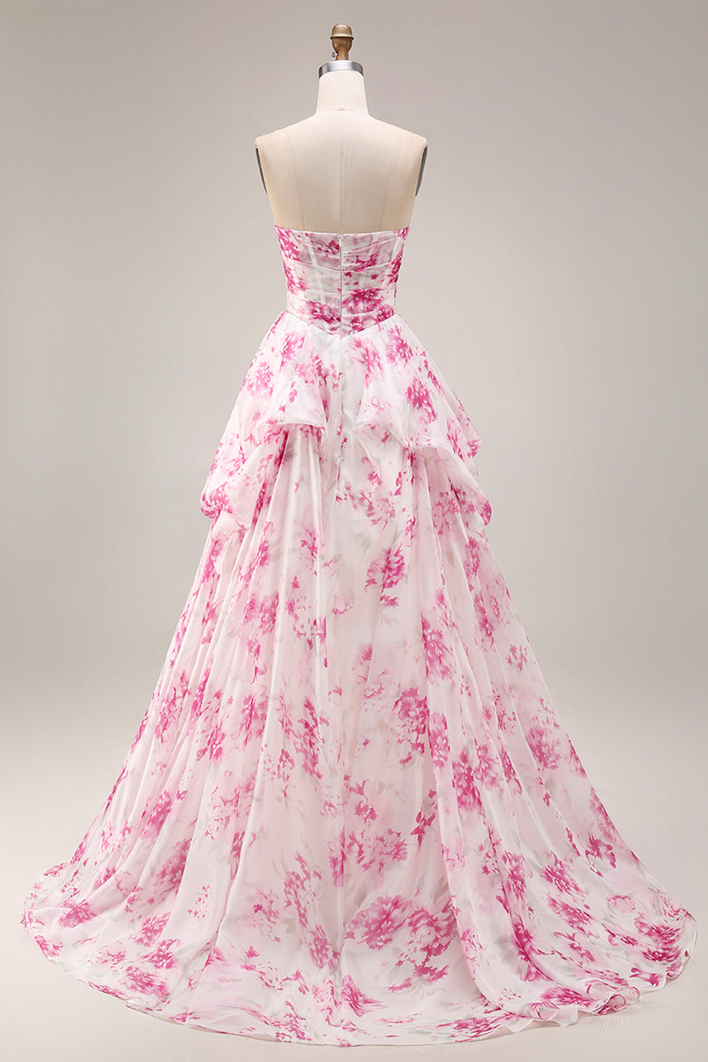 White and Fuchsia Floral Sweetheart A Line Long Corset Prom Dress