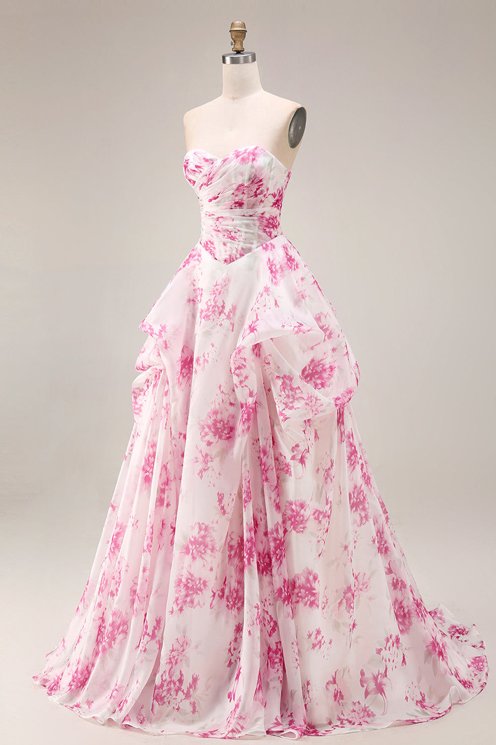 White and Fuchsia Floral Sweetheart A Line Long Corset Prom Dress