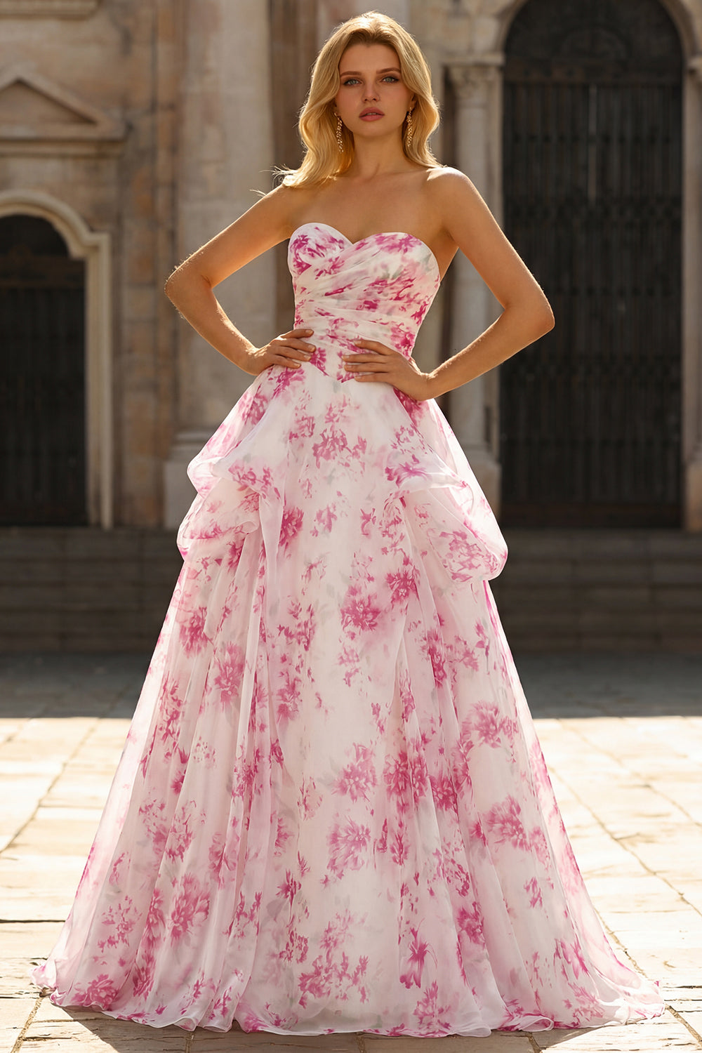 White and Fuchsia Floral Sweetheart A Line Long Corset Prom Dress