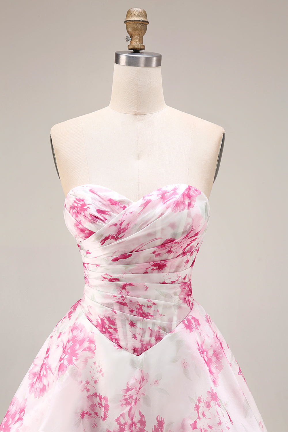 White and Fuchsia Floral Sweetheart A Line Long Corset Prom Dress