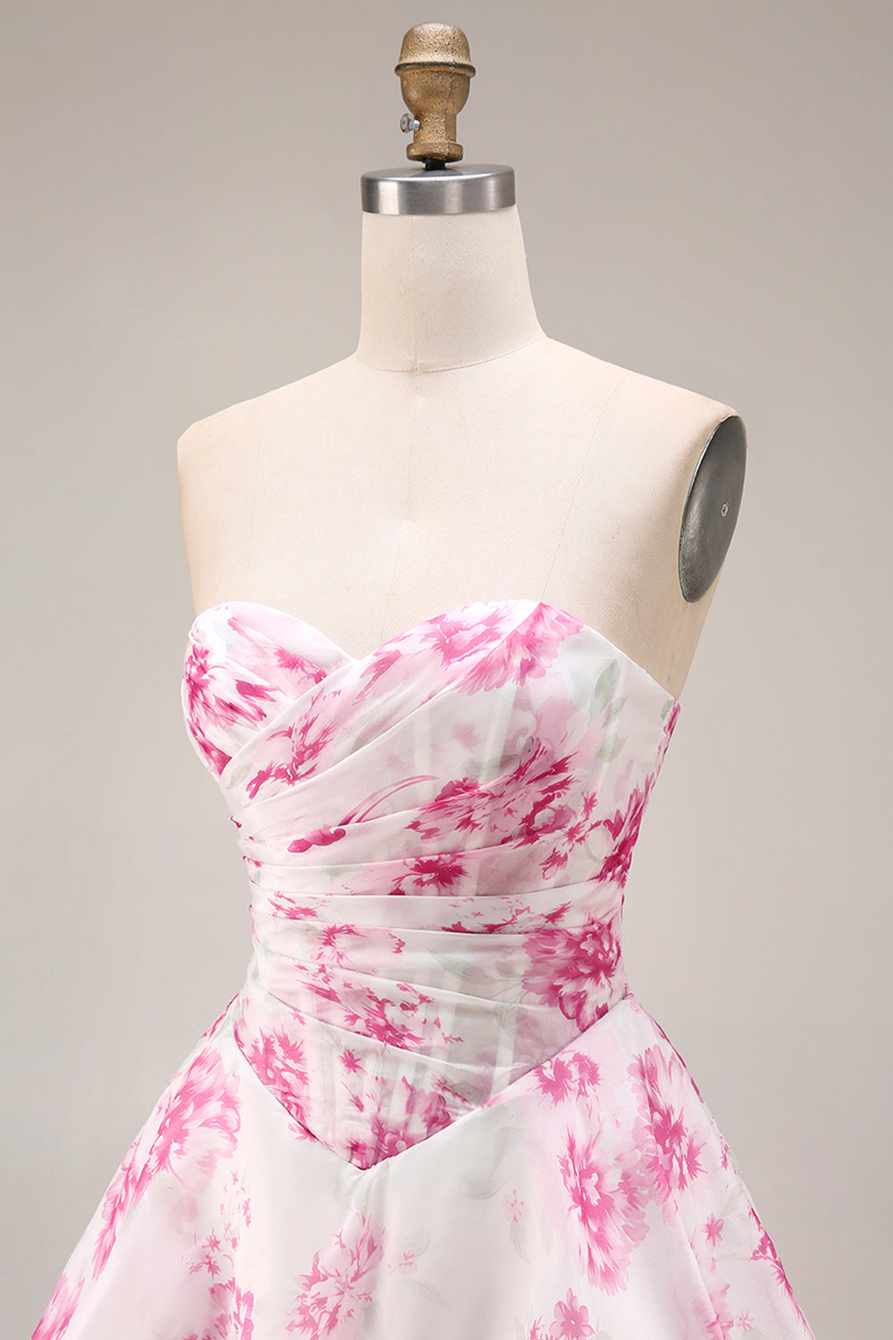 White and Fuchsia Floral Sweetheart A Line Long Corset Prom Dress