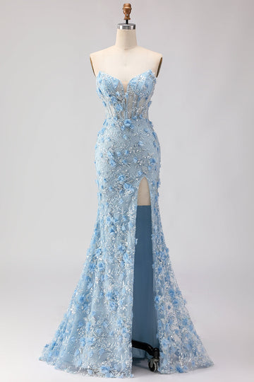 Sparkly Blue Floral Beaded Mermaid Long Corset Prom Dress with Slit