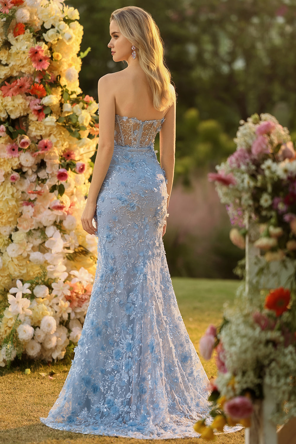 Sparkly Blue Floral Beaded Mermaid Long Corset Prom Dress with Slit